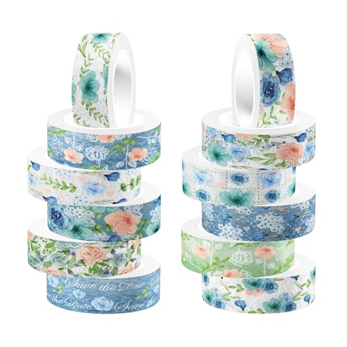 12 Rolls Floral Washi Tape, Blue Rose Flower Masking Tape, Spring Vintage Blue Pink Floral Decorative Tapes for DIY Craft Scrapbooking Journals Planners Gift Wrapping Birthday Party Decor 16.4FT - color: P