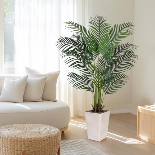 Artificial Palm Tree with White Tall Planter, 5ft Tall Potted Artificial Silk Palm Tree Plant, Fake Tropical Plant, Home Office Floor Room Decor Plants Indoor Outdoor, Housewarming Gift - size: 5ft