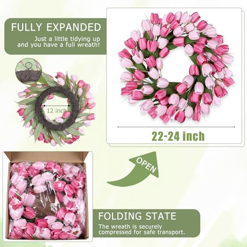 24 Inch Tulip Summer Wreath for Front Door Spring Silk Wreath with Green Leaves Artificial Tulip Flower Wreaths for All Seasons Farmhouse Porch Wall Living Room Home Widding Decor-Red - color: Red