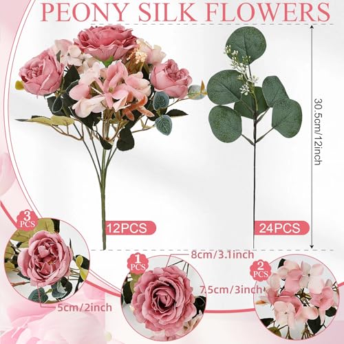 Peony Artificial Flowers, Faux Peonies Hydrangea Eucalyptus Bouquet 12 Packs Silk Vintage Realistic Peony Floral Arrangement for Wedding Centerpiece Table Vase Home Party Decor-Dusty Pink - color: Dusty Pink