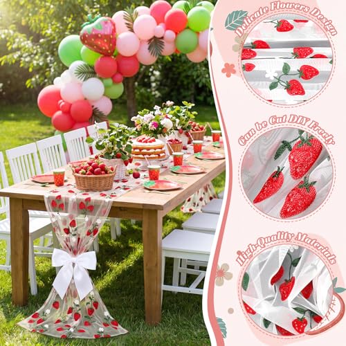 Mindsoft 3 Pcs Strawberry Table Runner, 10ft Tablecloth Strawberry Party Decorations Gauze Embroidery Tulle Lace Runner, for Table Wedding Birthday Bridal Baby Shower Holiday Dining Decor DIY - style: Strawberry