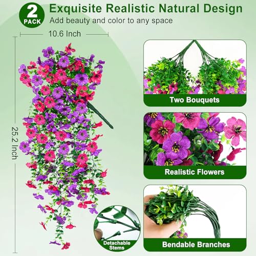 Artificial Hanging Flowers for Outdoors Decorations 2 Pack, Fake Hanging Flowers, UV Resistant Artificial Hanging Plants outdoors for Home Porch Patio Balcony Baskets Yard(Purple & Rose Red) - color: Purple Rose Red