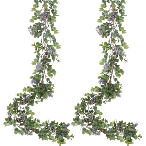 RECUTMS 2Pack Faux Eucalyptus Garland 5FT Artificial Eucalyptus Leaves Plant Vines with Purple Grape Berries Stems Hanging Greenery Ivy for Wedding Party Outdoor Indoor Home Table Mantle Wall Decor - color: Grape Vine Purple