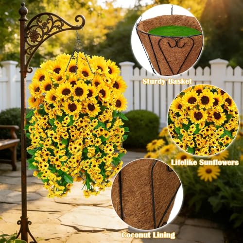 Zythrem 2 Set Artificial Flower Hanging Baskets Fake Sunflower Baskets Outdoor UV Resistant Fake Hanging Plants Baskets for Front Porch Patio Garden Yard Home Spring Summer (Yellow) - size: 27in