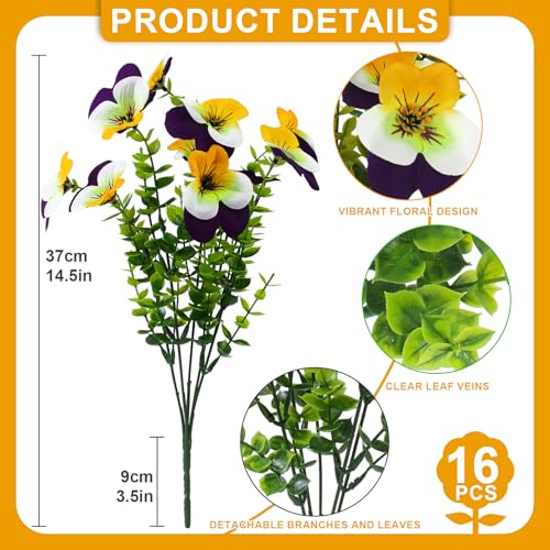 lovemoon 16 Pcs Artificial Pansy Flowers for Outdoor Faux Silk Spring Flowers for Outside, Realistic Pansies for Window Box, Planter, Front Door, Porch and Garden Home Decor(16, Yellow,White,Purple) - color: Yellow,white,purple