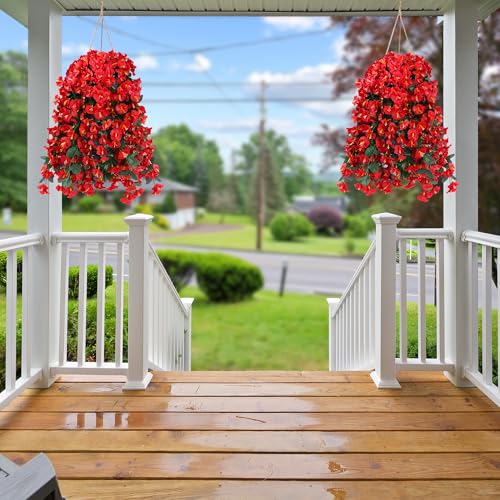 Sggvecsy Artificial Fake Hanging Flowers Plants for Outdoor Outside Spring Summer Decoration 2PCS Faux Silk UV Resistant Realistic Morning Glory Trailing Vines for Home Porch Patio Balcony(Red) - color: Red, size: 2Pcs