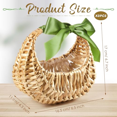 Taiyin Rattan Flower Girl Basket Small Half Moon Straw Wicker Basket with Handle Ideal for Wedding Flower Girl,Picnic,Garden Storage and Home Decor (Green Ribbon) - style: Green Ribbon
