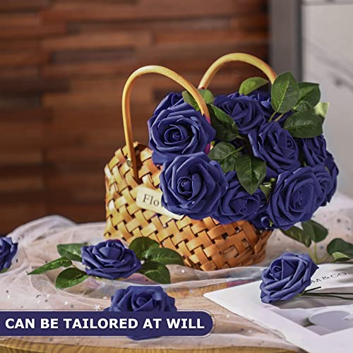 50 Pcs Artificial Foam Rose Flower Faux Bouquet Wedding Fake Rose Gift for Mother's Day Women DIY Bridal Shower Party Table Birthday Home Spring Decor (Navy Blue) - color: Navy Blue