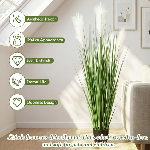 Jexine 2 Pcs 4 ft Artificial Tall Grass Plants for Outdoor Faux Tall Grasses Plant with Reed Flowers Potted Fake Greenery Plants for Housewarming Gift House Garden Lobby Outdoor Decoration (White) - color: White