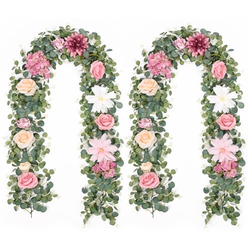 Waipfaru 2Pcs Artificial Flower Garland Decorations, 12.14Ft Eucalyptus Greenery Vines with Pink Roses for Wedding Table Runner Centerpieces Backdrop Room Decor (Pink) - color: Dusty Pink-12.14ft, size: 2 Pack