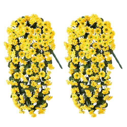 Artificial Fall Hanging Flowers Plants for Decoration 2 PCS Silk Fake Faux Mums for Outdoor Planters Long Vines Stems Bouquet Daisy UV Resistant for Wall Home Porch Patio Balcony Front Door Décor - color: B-yellow