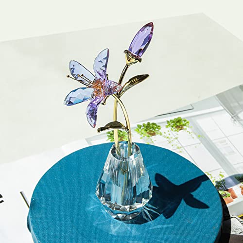 LONGWIN Crystal Artifical Tiger Lily Flowers with Vase - Purple Glass Collectible Figurines for Home and Wedding Decor - color: Purple