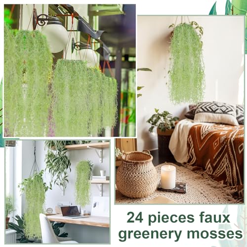 Cindeer 24 Pack Fake Spanish Moss Artificial Hanging Decoration Bulk Faux Greenery Moss Garland for Potted Wall Living Room Indoor Outdoor Decor(43 Inch,Green) - color: Green, size: 43 Inch