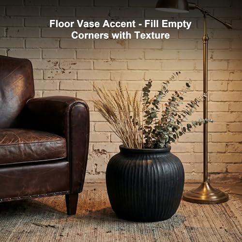 Oakrain Large Rustic Vase with Vertical Ribbed Texture, 11" Vintage Black Round Vase, Decorative Planter for Indoor, Table Centerpieces, Distressed Decor - color: Matte Black, size: 11" Dia