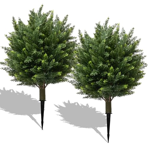 28" UV Resistant Artificial Shrubs for Outdoors - Real Looking Faux Bushes, Fake Cedar Trees, Outdoor Faux Ball Plants & Topiaries - Set of 2 Artificial Shrubs, Artificial Bushes for Garden Decor - color: Green Faux Bushes
