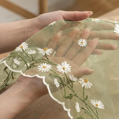 Artoid Mode Daisy Floral Fern Green Shaped Gauze Embroidery Table Runner 120 Inch 10FT, Tulle Spring Summer Kitchen Dining Table Decor for Home Party - color: Fern Green