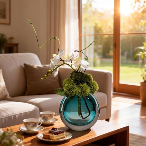Artificial Orchids, White, in Translucent Bubble Glass Vase, Blue | Look Real, Realistic Appearance, Flower Arrangement - color: Blue
