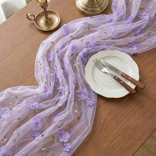 Embroidery Floral Table Runner Rustic Spring Summer Wildflower Tulle Table Runner Vintage Flower Kitchen Dining Tabletop Runners Decoration for Home Wedding Party, 108x24.5 Inch (Purple) - color: Purple, size: 108*24.5 inch