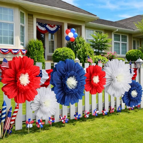Giegxin 6 Pcs 31.5" 24" 4th of July Giant Crepe Paper Flowers 250th Red White Blue Paper Flowers America Patriotic Decorations USA Tissue Floral for Wall Independence Day Birthday Party Decor - color: Red,Blue,White, size: 31.5", 24"