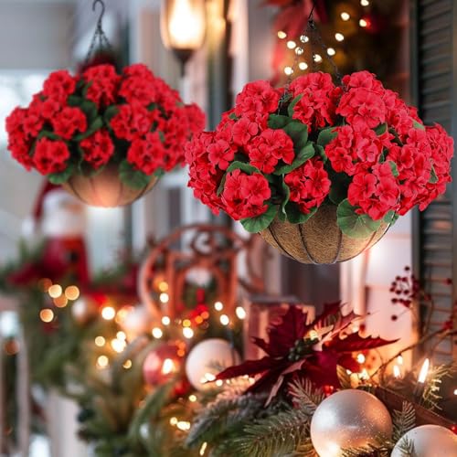 Hananona 12 Pcs Artificial Geranium Flowers for Outdoors Geranium Silk Red Flowers Outdoor UV Resistant Garden Plants Faux Flower for Christmas Home Kitchen Table Centerpieces Decor (12, Red) - color: Red