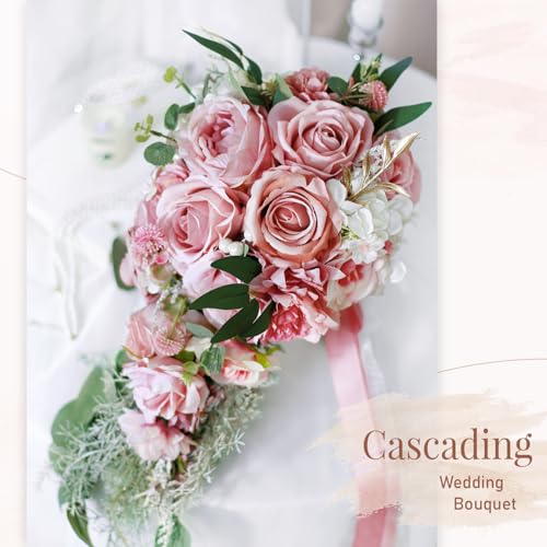 10 Inch Dusty Pink Rose Gold Cascading Bouquets for Bride Summer Fall Wedding Blush Light Pink Artificial Silk Flower Pearl Bridal Bouquet Boho Rustic Ceremony Anniversary Decor Toss Bouquet - color: Dusty Pink