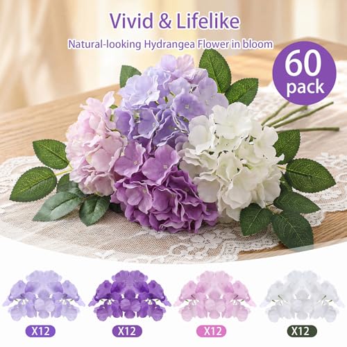 Suncalla 60 Pcs Artificial Hydrangea Flowers Bulk Silk Hydrangea Full Flowers Heads with Stems for Wedding, Home Table Centerpieces, Garden, Baby Shower, Party Decoration (Purple) - color: Purple