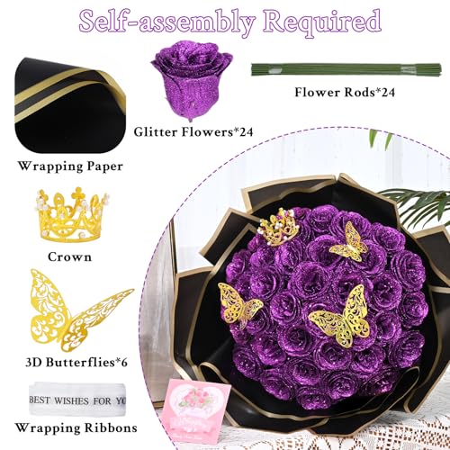 Waipfaru Purple Glitter Roses Bouquet, DIY Flowers Bouquet, Birthday Gifts for Women Mom Grandma Wife Girlfriend, 24 Pcs Fake Rose for Valentines, Mothers Day, Anniversary, Graduation Gifts - color: Purple, size: 24pcs