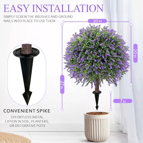 Artificial Boxwood Topiary Ball Trees with Lavender with Spikes for Outdoor 27" Set of 2, UV Resistant Faux Greenery Shrubs, Realistic Fake Bushes Plants for Garden Yard Front Porch Patio Decor - color: Boxwood Lavender