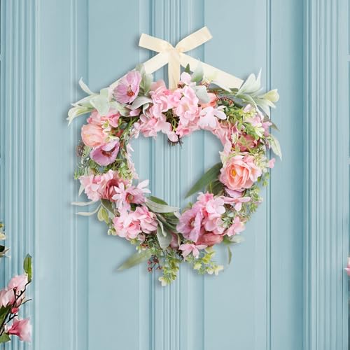 Suncalla 17.7 Inches Heart Shaped Hydrangea Wreath Pink Valentine's Day Floral Wreath with Ribbons Artificial Hydrangea Wreaths for Christmas Party Gifts Front Door Valentine's Day Wedding Decoration - style: Hydrangea