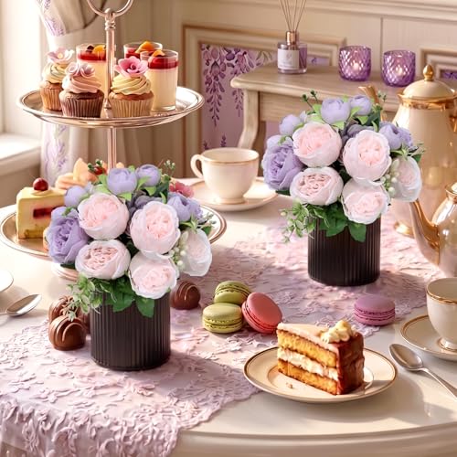 Pre-Made Flower Table Centerpieces, Set of 6 Artificial Silk Peonies with Black Vases for Wedding Reception, Modern Floral Decor for Birthday Party, Anniversary Ceremony - Lilac & Light Pink - color: Lilac & Light Pink