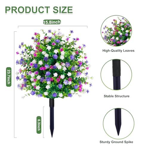Artificial Boxwood Topiary Ball Tree Outdoor Set of 2,UV Resistant Fake Topiary Balls Flowers with Spike, Realistic Faux Shrubs Plants Bushes Greenery for 4th of July Porch Outdoor Planter D15.8 - color: White+purple