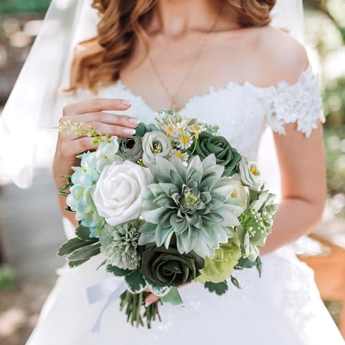 AmyHomie Forest Sage Green White Artificial Flowers Combo Silk Rose Fake Flowers w/Stem for DIY Wedding Bouquets Centerpieces Arrangements Table Decor Party Bridal Baby Shower Christmas Decorations - color: Forest Green