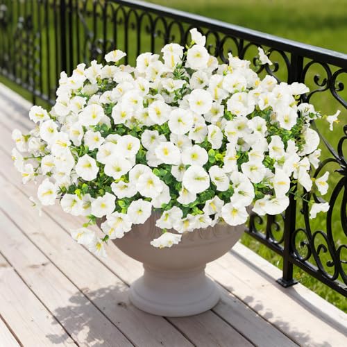 Bassion Artificial Flowers for Outdoors, 20 Bundles Silk Fake Flowers UV Resistant Realistic Morning Glory Faux Eucalyptus Plants for Outside Planters Porch Window Box Garden Indoor Decor - color: White