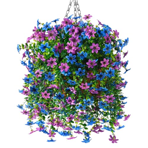 INQCMY Artificial Faux Hanging Flowers Plants Basket for Outdoor Outside Spring Decoration,UV Resistant Fake Silk Daisy in Planter Resistant Look Real for Home Porch Balcony Patio Yard Decor - color: Purple Blue