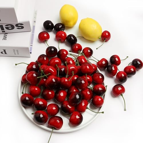 50PCS Simulation Cherry Fake Fruit Red Cherry is Used for Home Dining Table, Kitchen, Fruit Ornaments, Glass Jar Filler and Fruit Basket Supplement - color: Dark Red Cherry