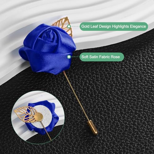 M METERXITY 12-Pack Flower Lapel Pins for Men, Golden Leaf Rose Boutonnieres Pin for Wedding/Dance/Party, Mens Lapel Pins for Suits Satin Flower Corsage Hat Pins [Sapphire Blue] - color: Sapphire Blue