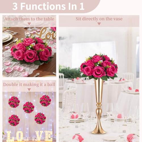 NUPTIO Flower Ball for Table Centerpieces: Hot Pink Artificial Rose Kissing Balls for Wedding Party Valentine Tables - 2 Pcs Faux Silk Floral Arrangements for Home Dining Event Decorations - color: Hot Pink, size: 2 Pcs