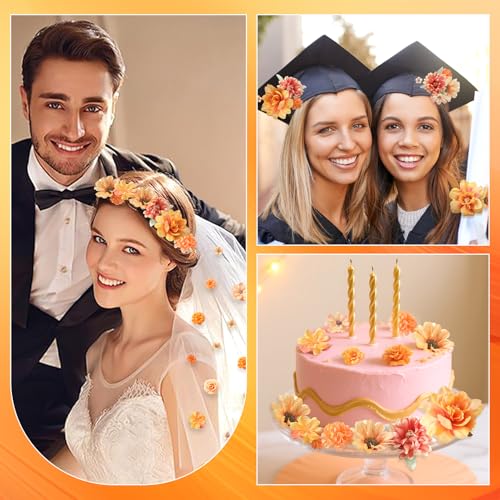 rongflower Small Artificial Flower Heads 2-4 cm, Fall Silk Faux Orange Peony Daisy Rose, for DIY Crafts, Wedding Garland, Graduation Cap, Cake Topper & Home Decoration - color: Fall Orange