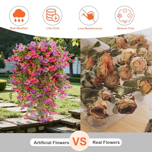 Artificial Hanging Flowers for Outdoor Decor, 6 Bundles UV Resistant Faux Silk Flowers, Fake Hanging Plants for Porch Patio Yard Planter Indoor Home Decoration(Purple, Fuchsia) - color: Purple&fuchsia