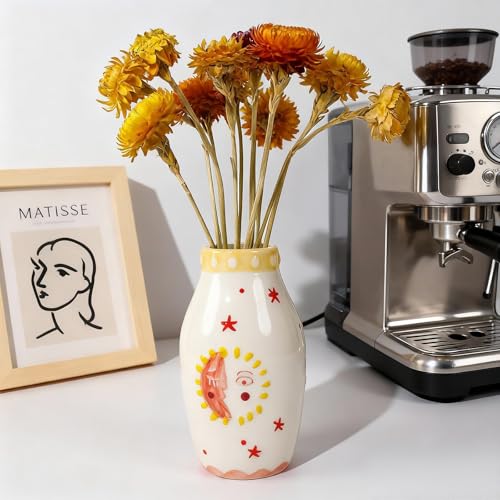 MOUGIGI Unique Ceramic Vase, Cute Boho Decor, Small Cream Vase for Dried Flowers or Single Bud - Sun and Moon Face Design - color: Boho Vase