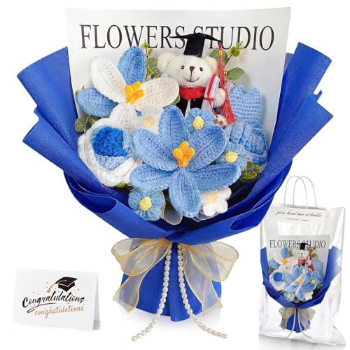 Giegxin Large Graduation Bear Flower Bouquet Set 2026 Crochet Graduation Bouquet Gift Hand Knitted Tulip Daisy Sunflower Rose Bouquets Greeting Card Gift Bag for Wedding Birthday Party Favors(Blue) - color: Blue