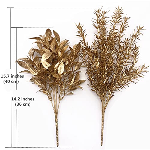 CATTREE Artificial Gold Plants for Christmas, Golden Leaves Plant Plastic Faux Shrubs Fake Simulation Spiky Grass Bushes for Indoor Outdoor Wedding Decoration Hall Table Planter Filler 4 Pack - color: Gold Leaves Grass-2 Pcs & Gold Spiky Grass-2 Pcs