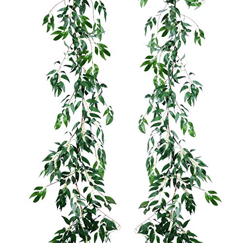 2 Pack Artificial Hanging Leaves Vines, 5.7 Ft Fake Willow Leaves Twigs Silk Plant Vines in Green for Indoor/Outdoor Wedding Decor