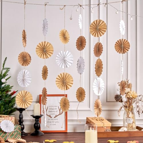 Easy Joy Boho Hanging Paper Fans Neutral Rustic Paper Fans Garland White Brown Party Decorations for Boho Party Baby Shower Birthday Wedding Bridal Classroom Decor - color: Boho