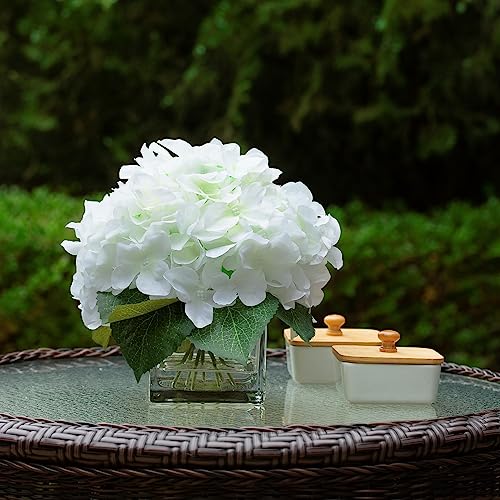 ENOVA FLORAL Silk Hydrangea Artificial Flowers in Vase with Faux Water, Silk Flower Arrangements in Vase for Home Decor, Wedding Table (Cream) - color: Cream