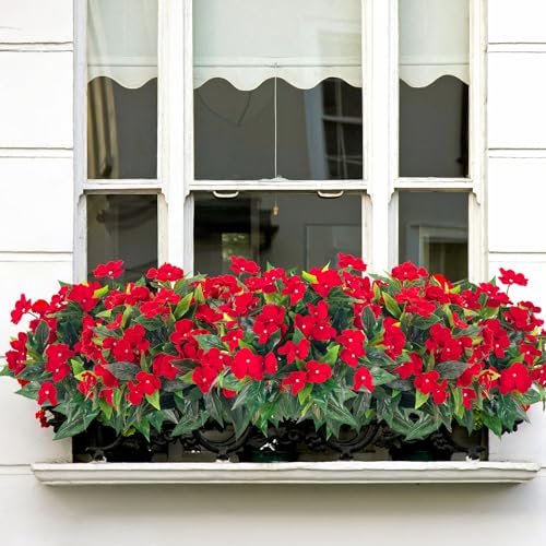 Fake Flowers Artificial Flowers for Outdoor，Artificial Plant Artificial Impatiens Bouquet Flowers for Outdoors Decoration，Silk Spring Artificial Plants for Outdoors Indoor Decor 2PCS (Red) - color: Red-2