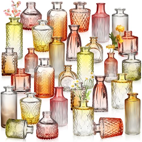 Yaomiao 30 Pcs Vases Bulk Colored Flower Glass Vases Bud Vintage Colored Glass Bottles Colorful Rustic Embossed for Home Wedding Table Decorations Gifts(Orange Yellow Gradient Series) - color: Orange Yellow Gradient Series