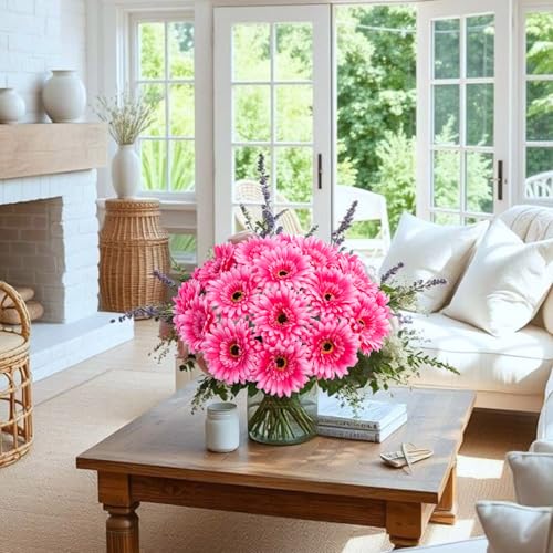 20 Pcs Fake Silk Gerbera Daisy Artificial Flowers with Stems Faux Daisies Flower Bulk for DIY Art Crafts Home Wedding Party Vase Centerpieces Tables Garland Wreath Decoration (Pink) - color: Pink