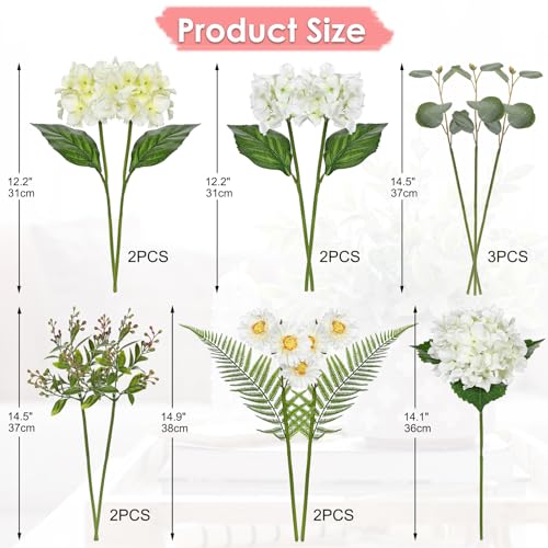 GnFlus Artificial Hydrangea Flower Stems 12PCS White Faux Hydrangea & Daisy Silk Flowers Realistic Fake Flowers for Vase Centerpiece Wedding Bridal Bouquet Party Home Decor - color: Hydrangea, White, size: 1 Pack