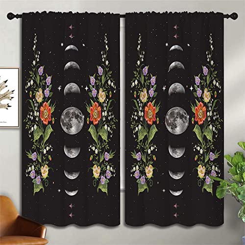 Boho Floral Flower Rod Pocket Blackout Curtains for Boy Girl Bedroom, Moon Phase Moonlit Garden Witchy Gothic Aesthetic Energy Efficient Home Window Drapes for Living Room Noise Reducing, 55x63 inch - color: Boho Floral Flower-001, size: 55"W x 63"L (Pack